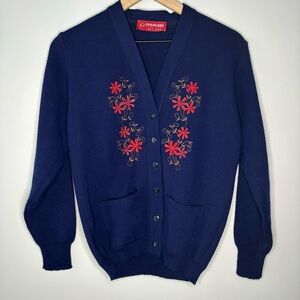 Vintage‎ Pitlochry Cardigan Small Scotland Blue Embroidered Sweater Indie Flora